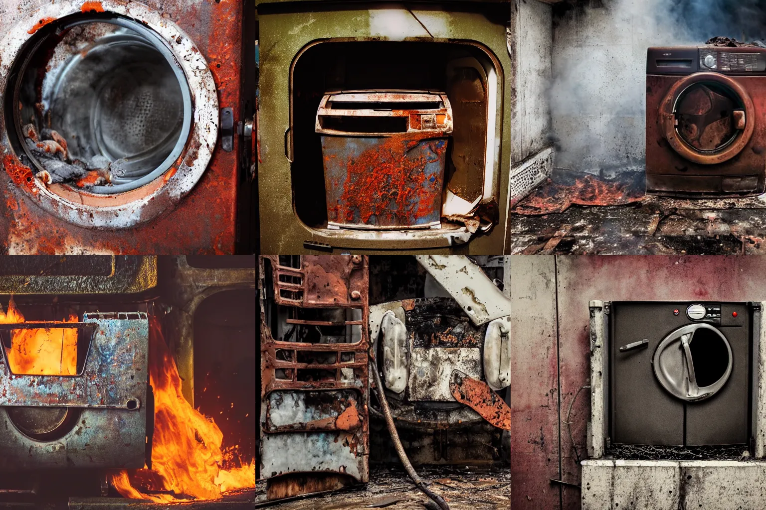 Prompt: a photo of a rusted washing machine that is on fire