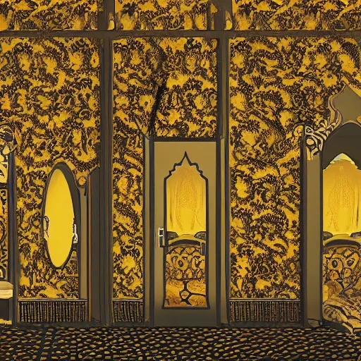 Prompt: a liminal hotel room made of ivory and gold, highly intricate, digital art, very detailed, in the style of a weird and dark eerie liminal art nouveau flemish painting