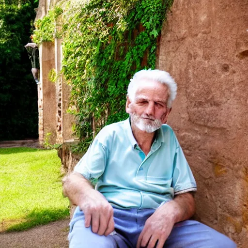 Image similar to mid white hair old man with green shirt and white short, sitting in ile de re house garden