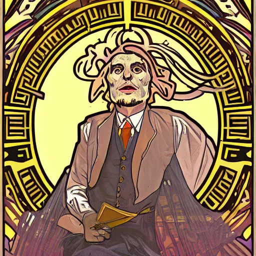 Image similar to cubicle man in the style of alphonse mucha