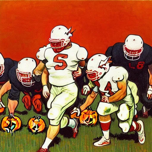 Image similar to painting of arkansas razorbacks players using a pumpkin as a football at the halloween jack o'lantern party, elegant, clear, painting, stylized, delicate, soft facial features, art, art by alphonse mucha, vincent van gogh, egon schiele