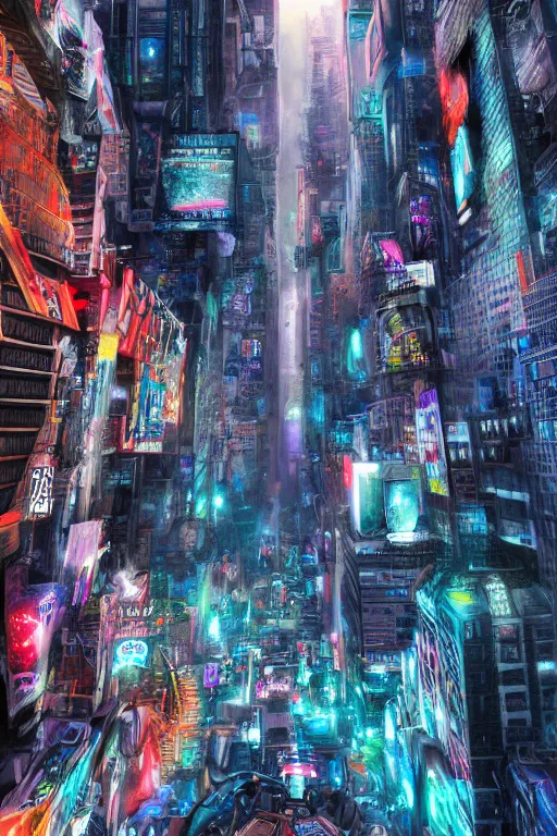 Image similar to the infinite arts of the dream robots taking over new york by mia brownell, very detailed, maximalism, ambient occlusion, volumetric light, atmospheric haze, hyper realism, futuristic but colorful shading, cinematic composition, realistic render, photography, wide shot