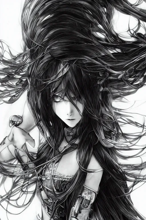 Image similar to a vertical portrait of a character in a scenic environment by Yoshitaka Amano, black and white, dreamy, cybernetic suit, wavy long black hair, highly detailed