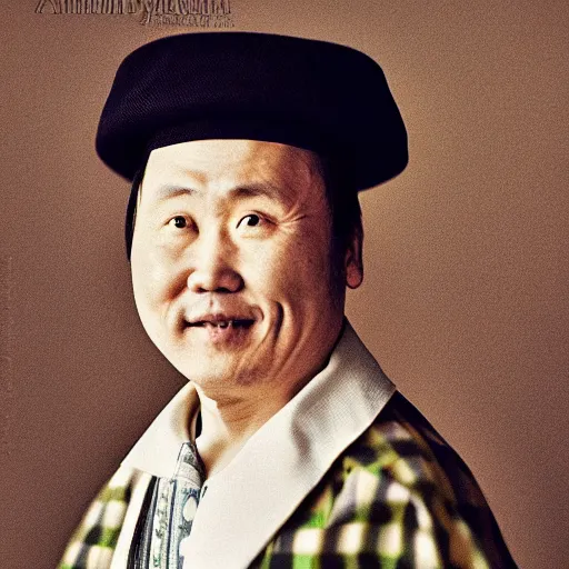 Image similar to realistic contamporary art photography by araki nobuyoshi of wearing traditional ukrainian shirt designed by taras shevchenko. smiling kim chen in