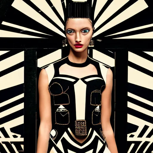 Image similar to close up of the face of a female fashion model in year 3000 in art-deco entrance hall, model wearing a geometric edgy black dress, photography , official versace editorial , highly detailed