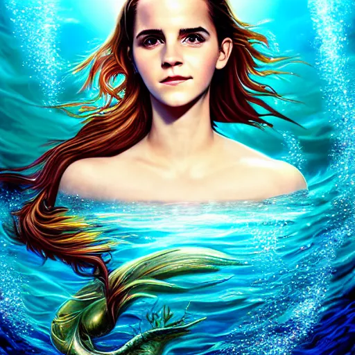 Prompt: a epic mark brooks painting of emma watson as a mermaid under water, 8 k, ultra detailed, lighting, water bubbles, sparkling, beautiful scaly mermaid tale, illustration, trending on art station, digial art by lois van baarle