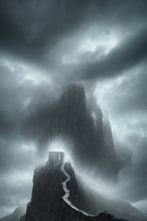 Prompt: a beautiful 3 d gigantic big detail megastructure white basalt wall dam borderland style glowing in cloud across the an ominous stormy snow mountain, in the thick fog, by stuart lippincott, volumetric lighting, dynamic lighting, dramatic lighting, high contrast, concept art, marble, religious, surrealism, catholicpunk, stark, trending on artstation