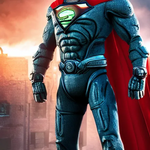 Image similar to pickle rick as superman! in gears of war, splash art, movie still, detailed face, photorealistic facial features, cinematic lighting, dramatic, octane render, long lens, shallow depth of field, bokeh, anamorphic lens flare, 8 k, hyper detailed, 3 5 mm film grain