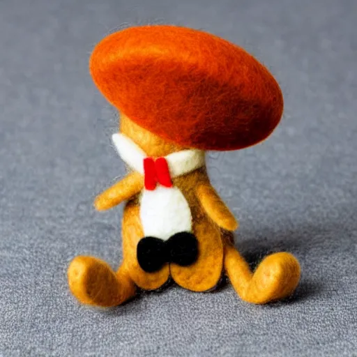 Prompt: a tiny felt monkey doll wearing a top hat