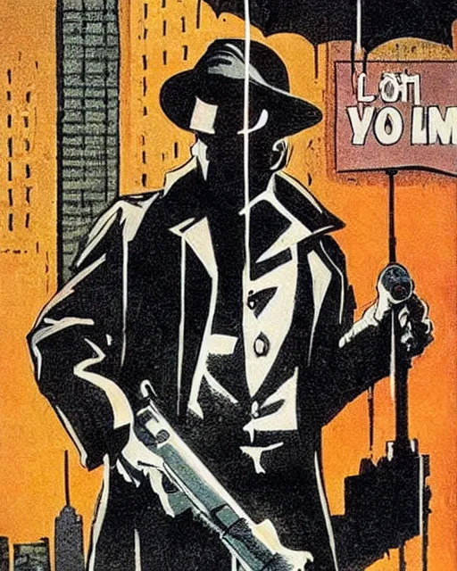 Image similar to detective with revolver, wearing trenchcoat, 1 9 7 0 s nyc, rainy, artwork by frank miller