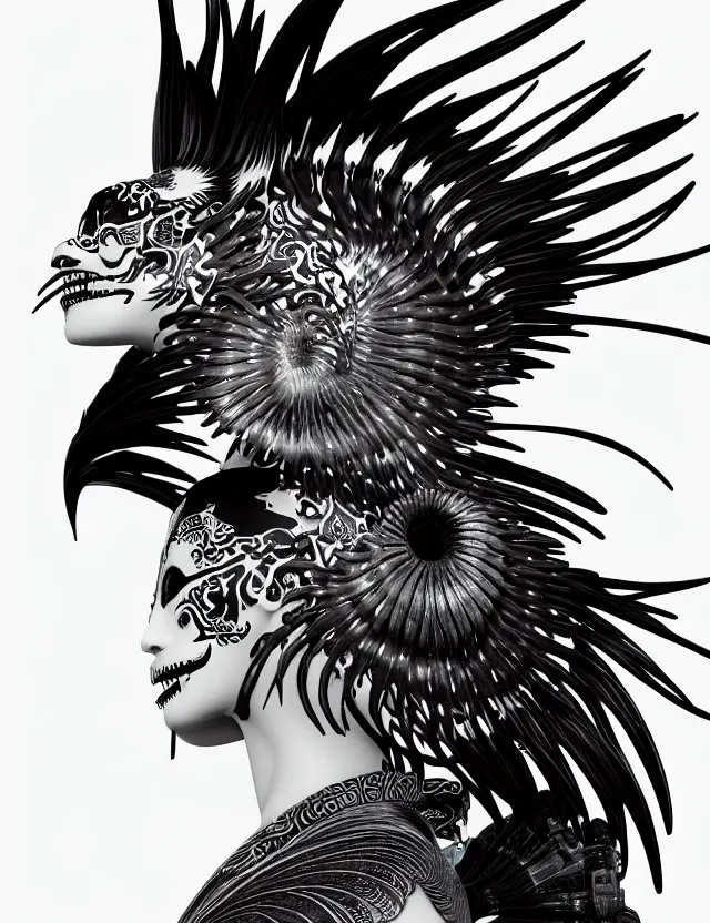 Image similar to 3 d goddess close - up profile simple portrait punk with mohawk with tiger skull. beautiful intricately detailed japanese crow kitsune mask and clasical japanese kimono. betta fish, jellyfish phoenix, bio luminescent, plasma, ice, water, wind, creature, artwork by tooth wu and wlop and beeple and greg rutkowski