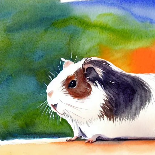 Image similar to a guinea pig posing next to a white kayak, water colour