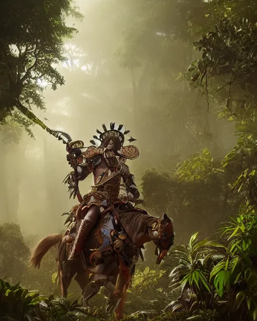 Prompt: spanish conquistador wearing ornate armor in a dense foggy jungle environment by disney and miyazaki, octane, intricate, hearthstone