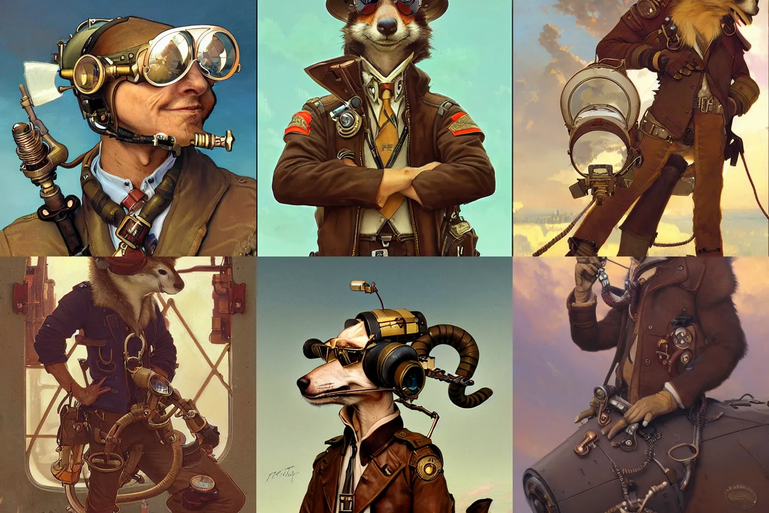 Prompt: anthropomorphic weasel steampunk aviator pilot. Renowned character illustration by greg rutkowski, thomas kindkade, alphonse mucha, loish, norman rockwell. Trending on furaffinity. Digital art.