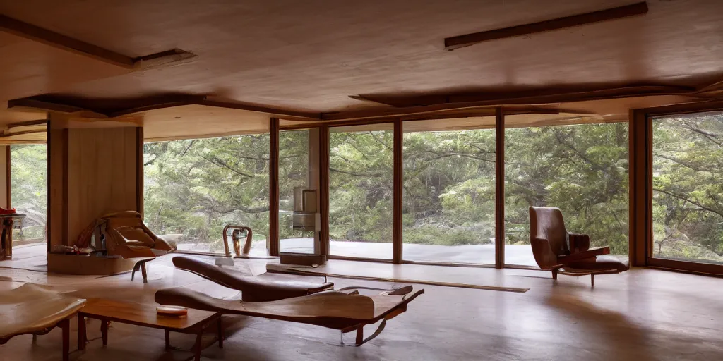 Prompt: interior of a brutalist frank lloyd wright house, photo