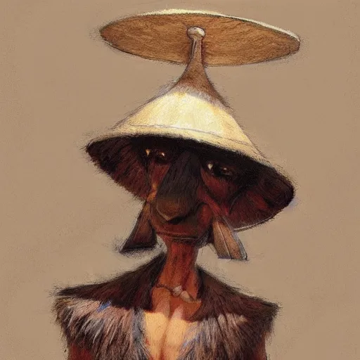 Image similar to just a curious hikking hat in a wooden table. by Craig mullins, Steve Purcell, Ralph McQuarrie. Trending on artstation. Centered image