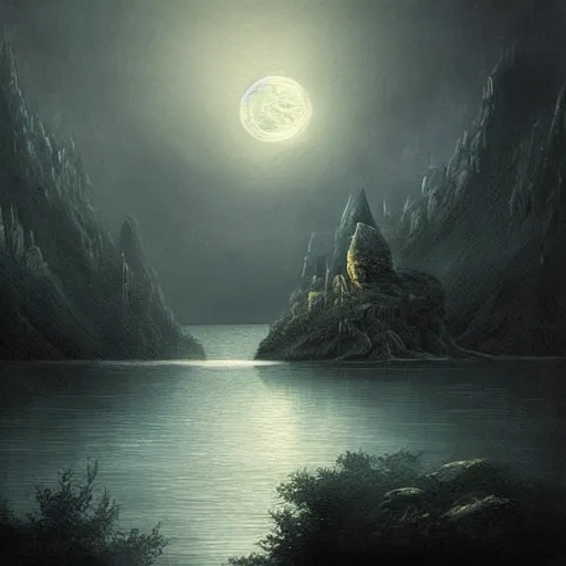 Prompt: an ultra detailed painting of a dark and mysterious misty lagoon at night, behind it is a cliff with a dark castle on top of it with a few windows lit, dark forests surrounding, the sky is dark, the moon veiled by clouds, midnight, highly detailed, fantasy, realistic, concept art, dark fantasy