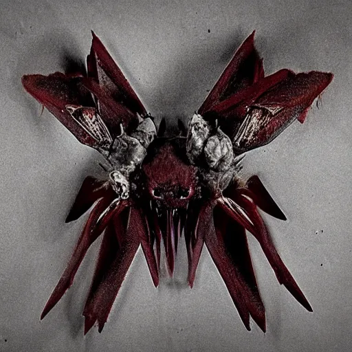 Image similar to “an ancient, demonic moth with bones coming out of its body, dark red mist swirling around”