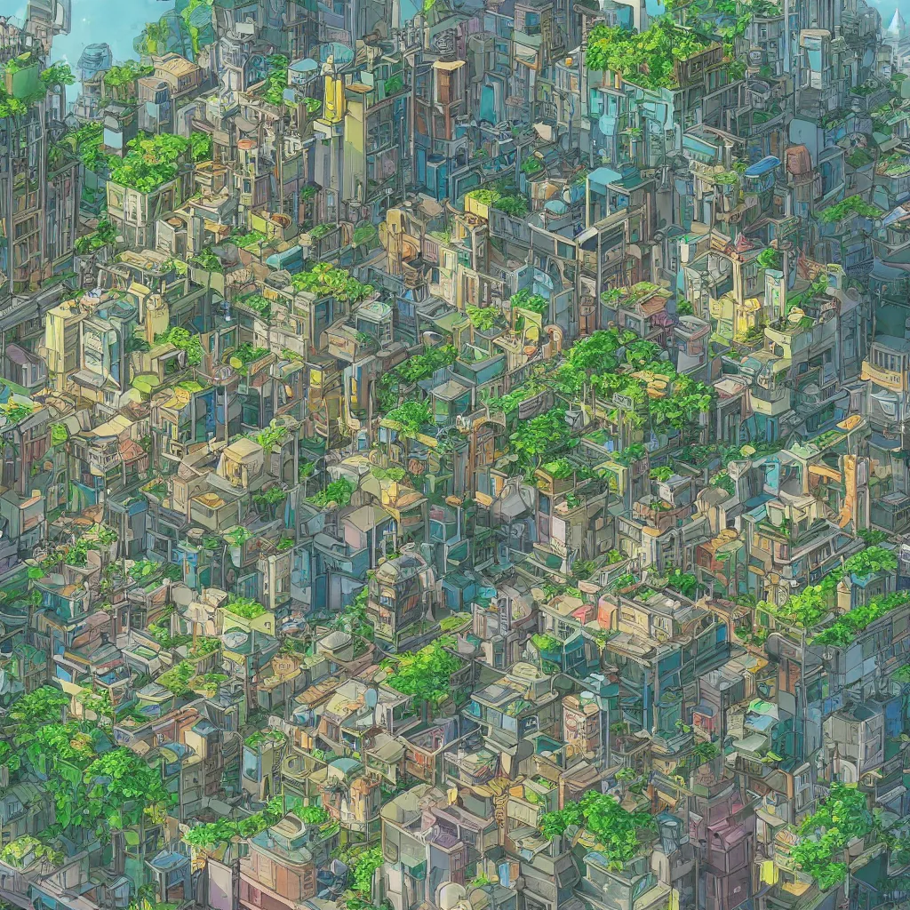 Image similar to a view of a solarpunk city in the style of studio ghibli