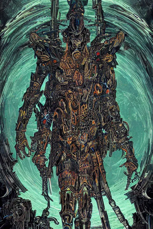 Prompt: carbarian wearing huntsonic ( armor ), in the style of philippe druillet and ionicus, trending on artstation, shaggy lighting low angle view solarpunk, final, futuresynth, multiple exposure, dadaism