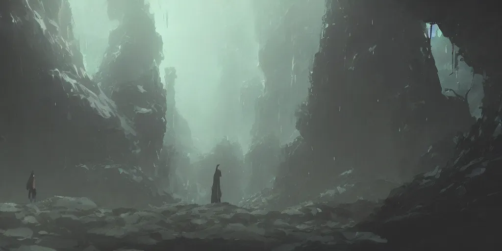 Image similar to an eerie deep and dark cave by makoto shinkai