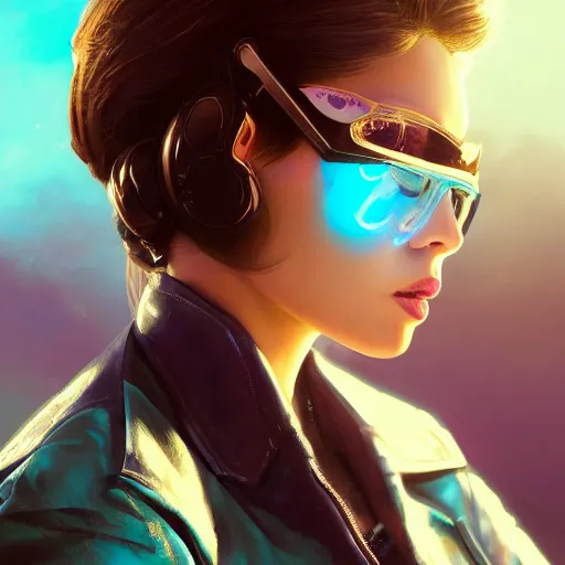 Image similar to very detailed masterpiece closeup painting of a very beautiful young mexican cyberpunk woman with light blue shutter shades, one side haircut, brown hair with light blue ends, purple leather jacket, beauty mark on cheek, portrait, synthwave background, artstation, concept art by greg rutkowski