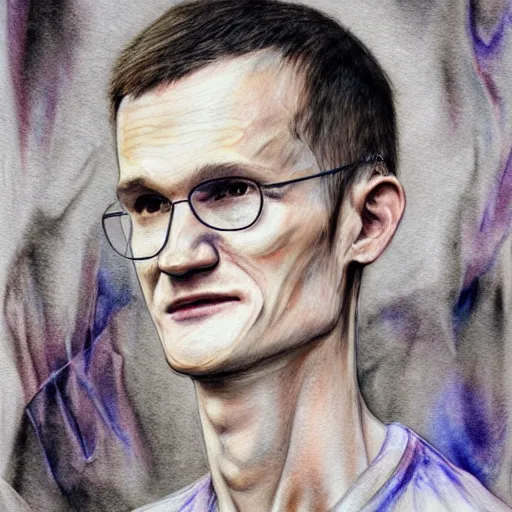 Image similar to full body sketch of vitalik buterin, high detail face, perfect anatomy, watercolor background, pencil art, ink and pencil, hyperrealistic, hyperdetailled, digital art, greg rutkowski, artstation, 8 k, beautiful drawing, paper texture, spray paint, watercolors