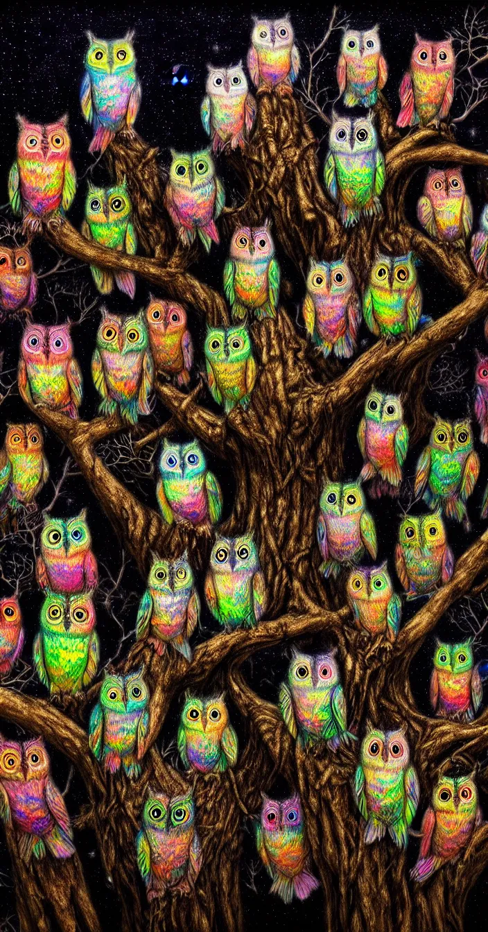 Prompt: realistic photo of too many small psychedelic owls sitting on big tree at night, very sharp focus, dark background, in the style of greg rutsowski, very hyper realistic, highly detailed, fantasy art station