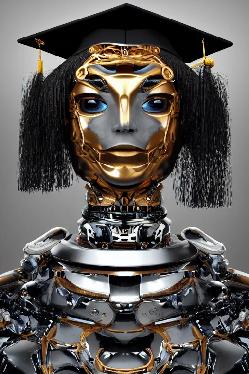 Image similar to a portrait of a extremely intricately detailed beautiful robot wearing a highly detailed perfect render black graduation hat on its head, realism. concept art. unreal engine 5, f / 1. 8, v - ray, ultra hd, 8 k, graduation photo, atmospheric beautiful background and beautiful lighting. hyper realism.