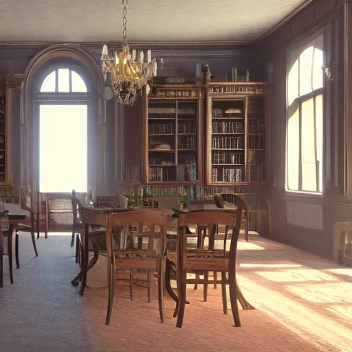 Image similar to inside a victorian dining room with bookcases on the walls, sunlight shines through the windows and produces rays of light in the dust ray traced unreal 5, ultra details