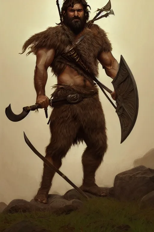 Prompt: full body portrait of a gruff ranger with a spear, lean and toned, handsome face, hairy chest and hairy body, D&D, fantasy, intricate, elegant, highly detailed, digital painting, artstation, concept art, matte, sharp focus, illustration, art by Artgerm and Greg Rutkowski and Alphonse Mucha