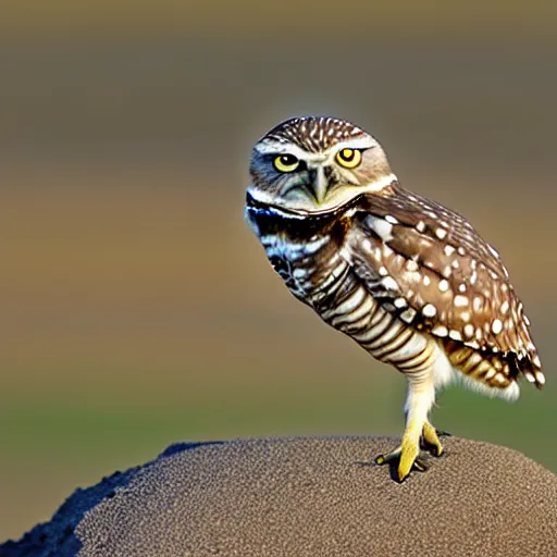 Prompt: the burrowing owl didn't sleep standing or perched, he slept in what could be described as a squat with his short stubby tail supporting him, and his legs splayed out to the sides, burrowing owl, guardians of gahool