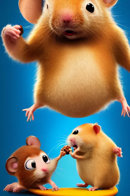 Prompt: funny hamster with cheeks full of nuts trying to push one more peanut into his mouth. pixar disney 4 k 3 d render funny animation movie oscar winning trending on artststion and behance. oscar award winning.