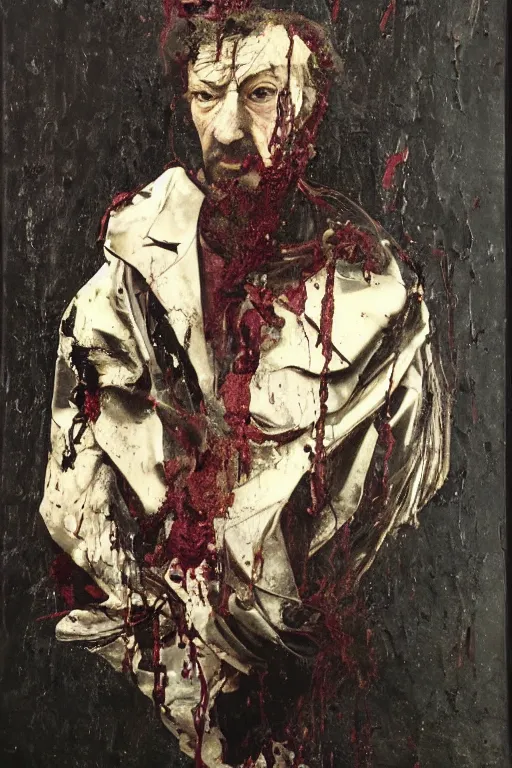 Image similar to portrait of medici melting, paint drips, burgundy oil dripping down, by Caravaggio, Lucian Freud texture painting, Renaissance, John Singer Sargant, glitch, Cy Twobmly writing and drawing all over the place