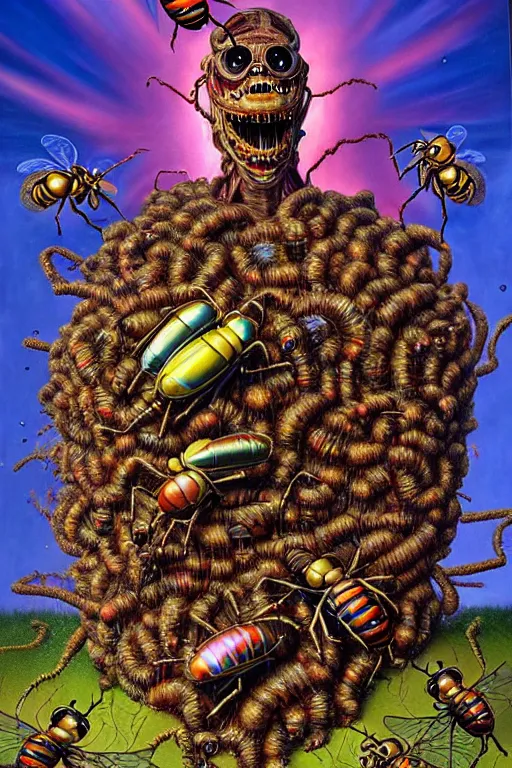 Image similar to a hyperrealistic painting of an epic boss fight against a mechanical hornets nest in a suburban neighborhood on a sunny day, cinematic horror by chris cunningham, lisa frank, richard corben, highly detailed, vivid color,