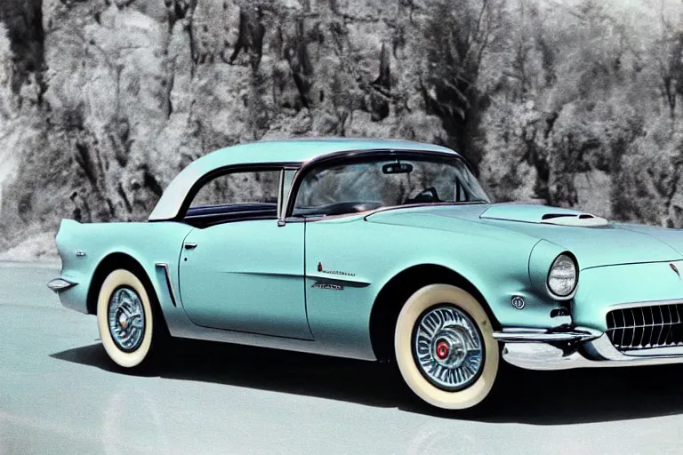 Image similar to 1955 Pontiac Firebird, movie still, speed, cinematic Eastman 5384 film