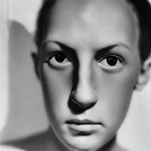 Image similar to high quality high detail portrait by man ray, hd, intense unsettling look in the eyes, photorealistic lighting