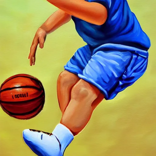 Image similar to a painting of a kid playing basketball, close up, action shot