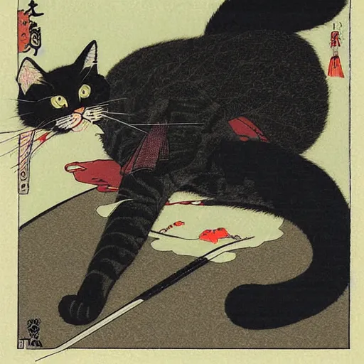 Image similar to illustration of japan cat with katana by takato yamamoto, by yoshitoshi abe, by makoto shinkai