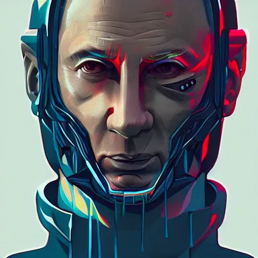 Prompt: cyberpunk vladimir putin as the leader of a futuristic communist nation, cybernetics, sharp lines, digital, artstation, colored in