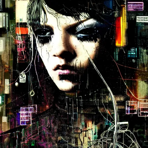 Image similar to a young punk woman lost in a cyberpunk noir glitchcore world of wires, and machines, by jeremy mann, francis bacon and agnes cecile, and dave mckean ink drips, paint smears, digital glitches glitchart