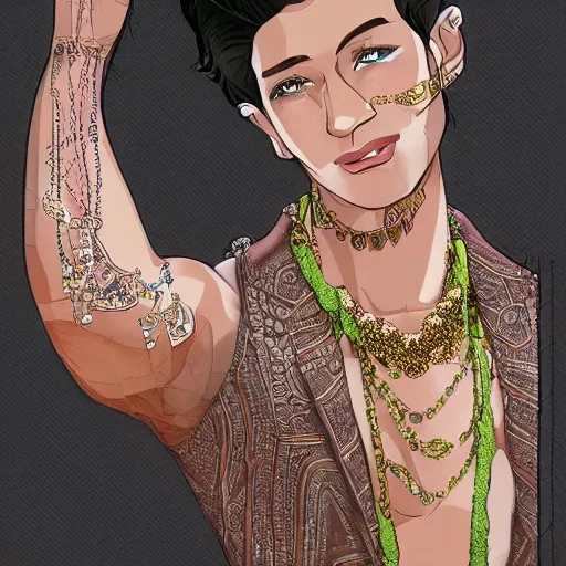 Prompt: a character model design of a handsome and charming young man wearing excessive jewelry in an ornate and elegant way