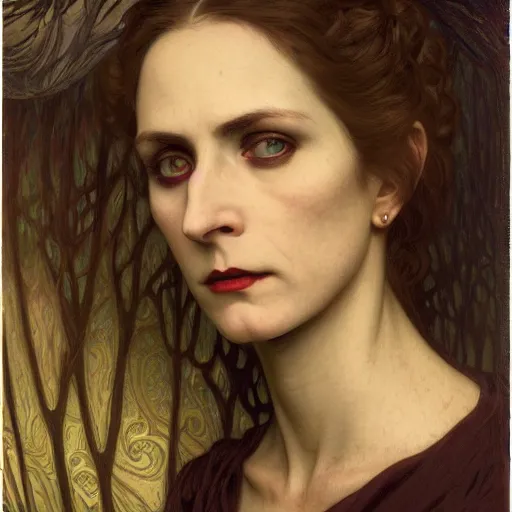 Image similar to portrait of a lady vampire, 35mm, victorian, depth of field, DOF, ominous, sharp, highly detailed, photorealistic, realistic, unreal 5, high definition, 8k, deviantart, donato giancola, irwin penn, ((Alphonse Mucha))