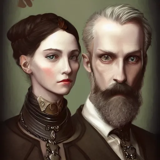 Image similar to portrait painting iris von everec and olgierd von everec, clockwork, steampunk, artstation, detailed