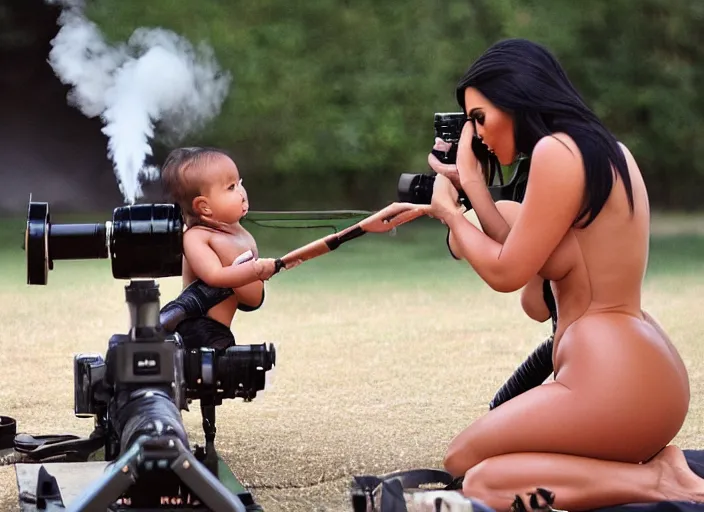 Image similar to photography of Kim Kardashian shooting a baby out of a cannon