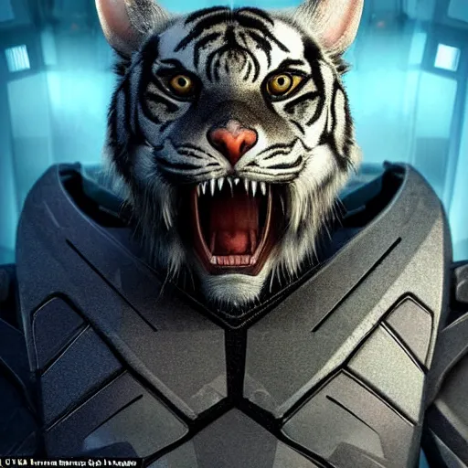 Image similar to a humanoid with cat-like features, yellow eyes, teeth that protrude past the lower lip (sort of like a saber-tooth tiger) and fine grayish fur on their faces and backs of their hands wearing futuristic alien armor and carrying weapons, octane,