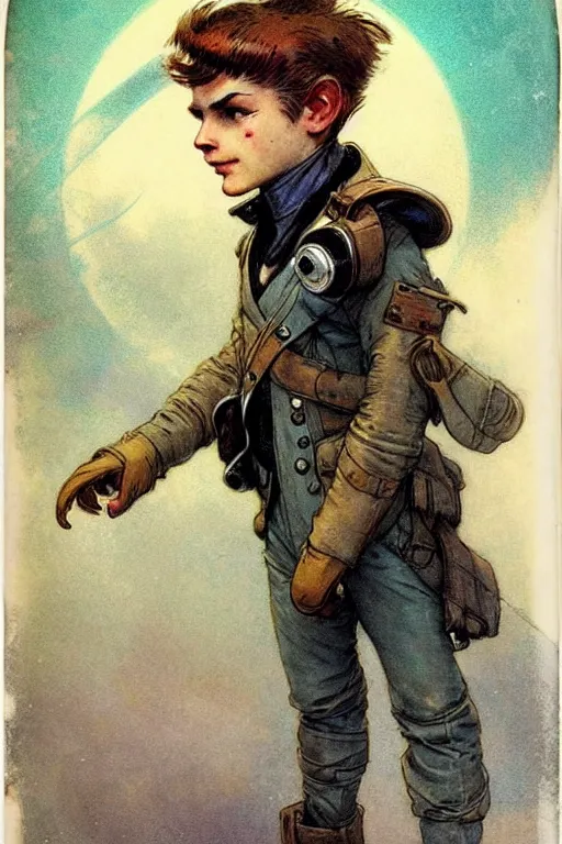 Image similar to ( ( ( ( ( 2 0 5 0 s retro future 1 0 year old boy super scientest in space pirate mechanics costume full portrait. muted colors. ) ) ) ) ) by jean baptiste monge, pulp cover!!!!!!!!!!!!!!!!!!!!!!!!!!!!!!