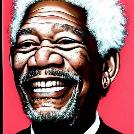 Image similar to a portrait of laughing Morgan Freeman . Tom's shoulders are in the frame. Tom looks sternly straight into the camera . painting in the style of Andy Warhol pop art