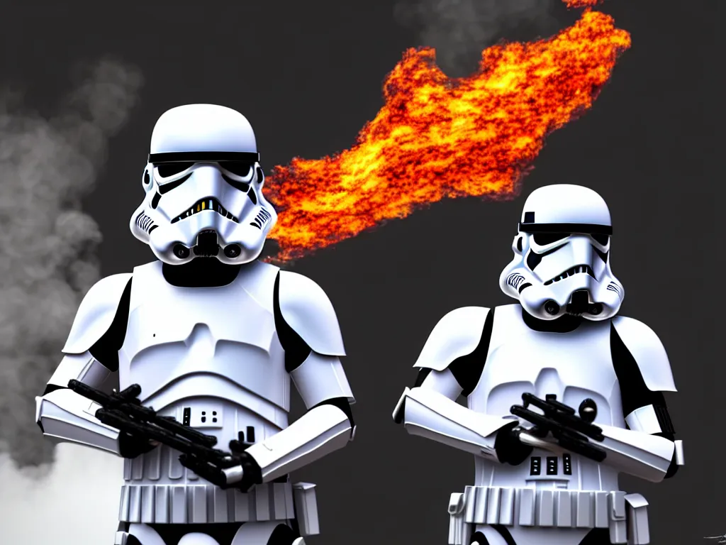 Image similar to storm trooper in a battle, smoke, fire, explosions, chrome, shiny, reflective, metallic, 3 d render, realistic, hdr, stan winston studios, dramatic lighting, flame colors bright,