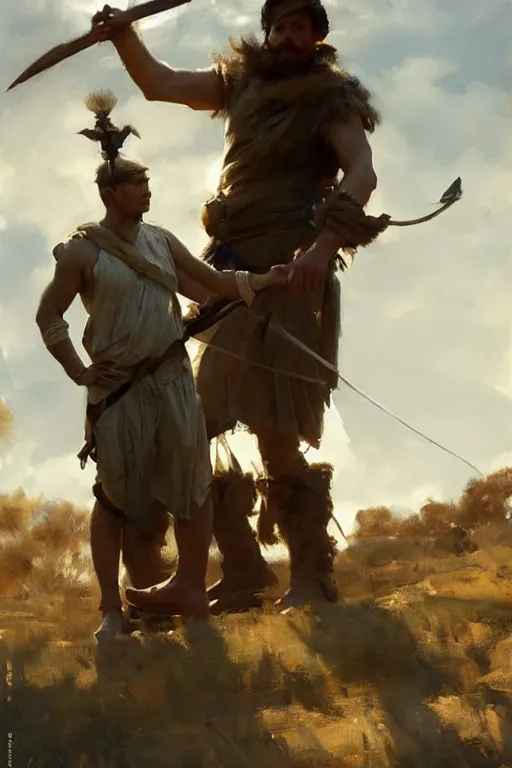 Image similar to portrait david and goliath by anders zorn, wonderful masterpiece by greg rutkowski, beautiful cinematic light, by greg manchess, jessica rossier